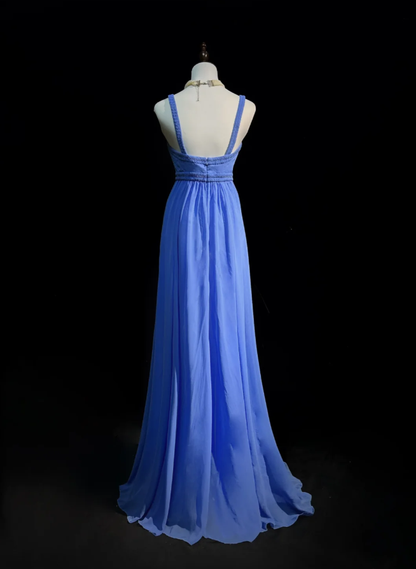 Elegant Spaghetti Straps Blue Chiffon Beaded Long Wedding Guest Dress,Formal Birthday Prom Dress Evening Dress D2072
