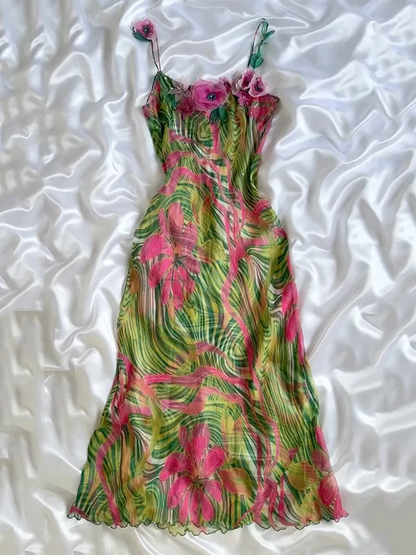 Vintage Spaghetti Straps Chiffon Print Floral Long Prom Dress Formal Birthday Party Dress D709