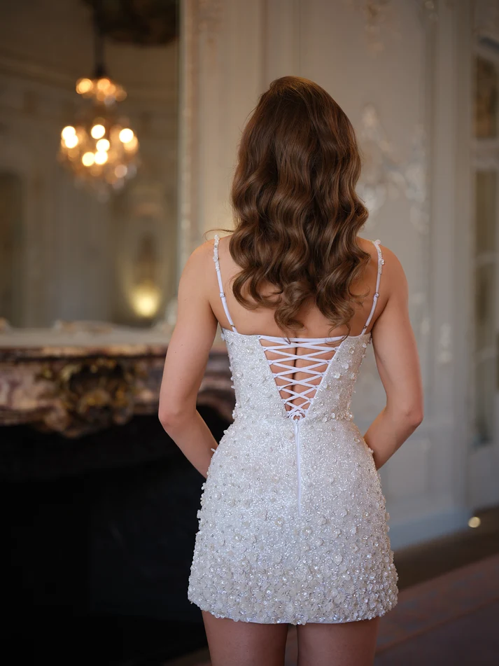 Shiny White Spaghetti Strap Mini Homecoming Dress, 3D Floral Rhinestone Sequin Sparkly Short Evening Dress D3162