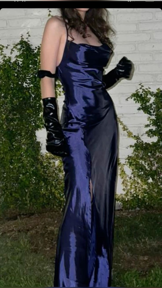 Stylish Spaghetti Straps Navy Blue Slit Mermaid Evening Dress Long Prom Gown D1398