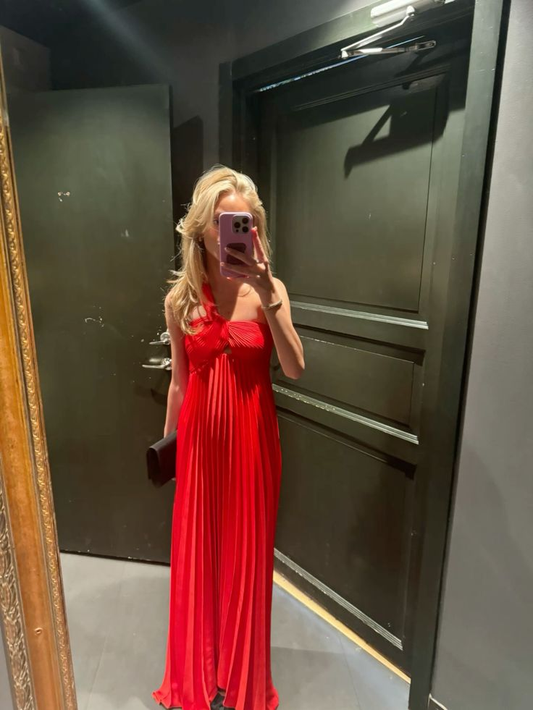 Sexy One Shoulder Red Satin Pleated Long Party Dress Prom Dress D3514