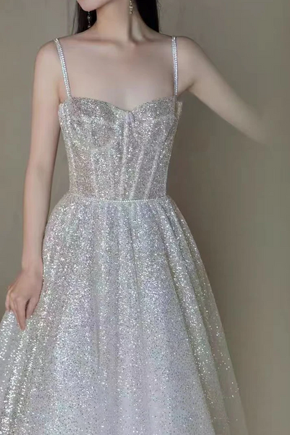 Glitter Spaghetti Straps Tulle Silver Sequin A Line Birthday Party Dress Long Evening Dress Prom Gown D1927