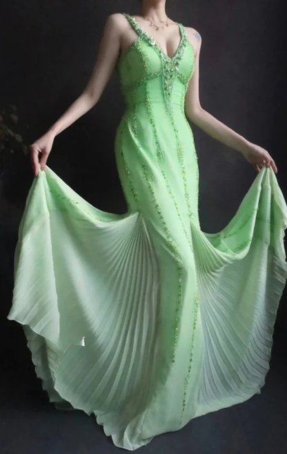Classy V Neck Green Chiffon Beaded Mermaid Long Party Dress Evening Gown D1903