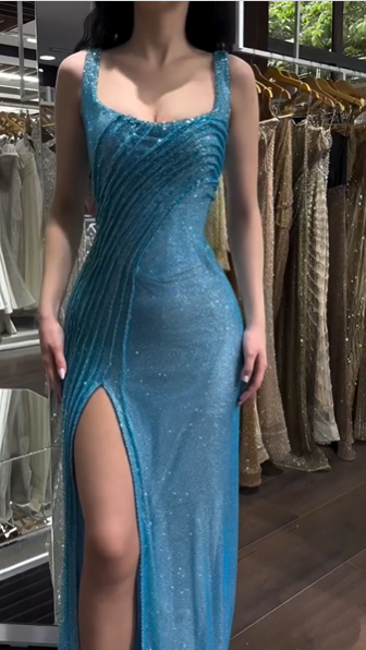 Gorgeous Blue Spaghetti Straps Sequin Slit Mermaid Long Evening Dress Birthday Prom Dress D1705