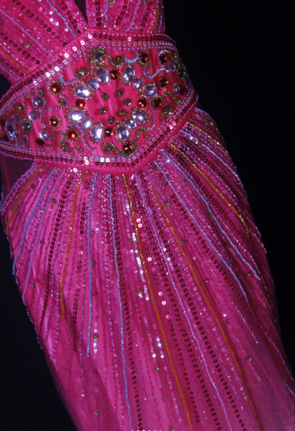 Gorgeous Spaghetti Straps Hot Pink V Neck Satin Tulle Beaded Mermaid Prom Dress Backless Long Evening Gown D2265