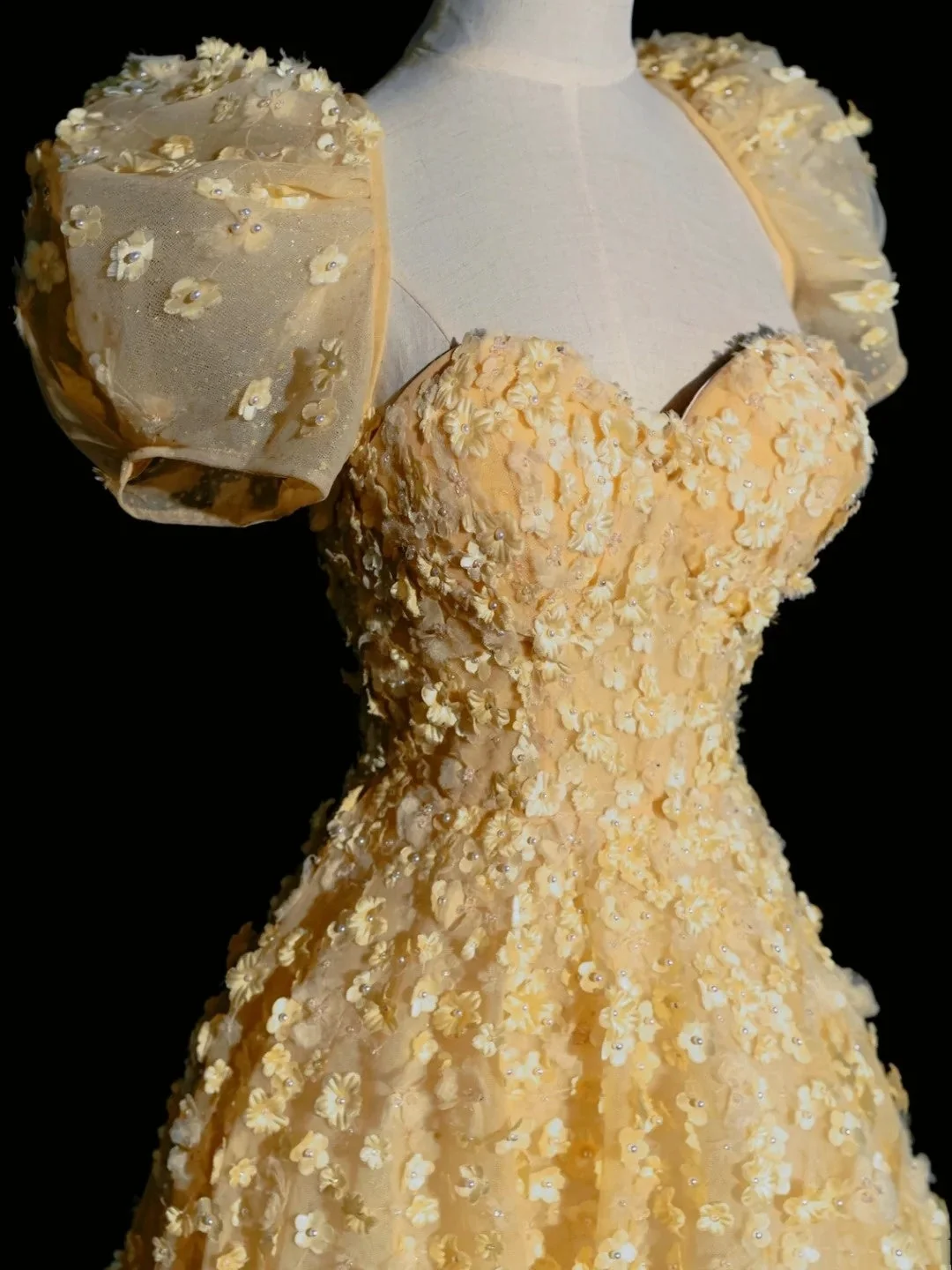Princess Ball Gown Sweetheart Yellow Tulle Floral Long Prom Dresses Party Dress D4526