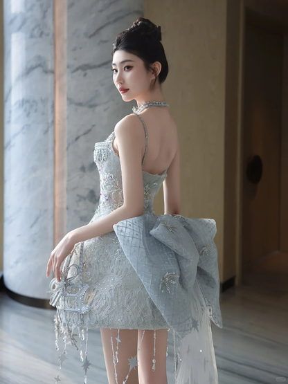 Glitter Spaghetti Straps Blue Tulle Sequin Beaded A Line Short Graduation Homecoming Dress With Bow D3063