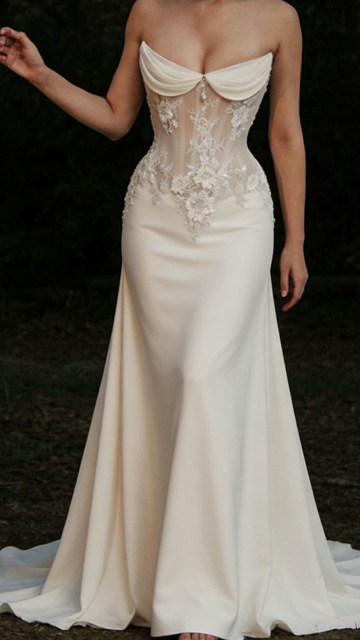 Classy Strapless Satin Appliques White Mermaid Long Wedding Dress Bridal Dress D1940