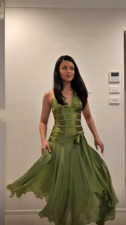 Classy Halter V Neck Green Satin Chiffon Mermaid Long Party Dress Evening Dress D4392