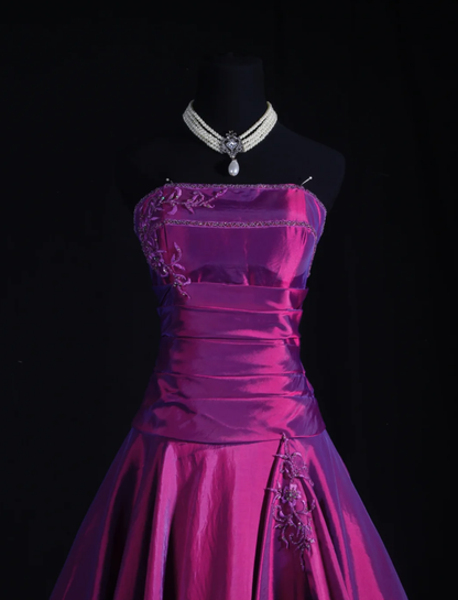 Glamorous Strapless Satin Ball Gown Purple Embroidery Beaded Long Birthday Party Dress Prom Gowns D2235