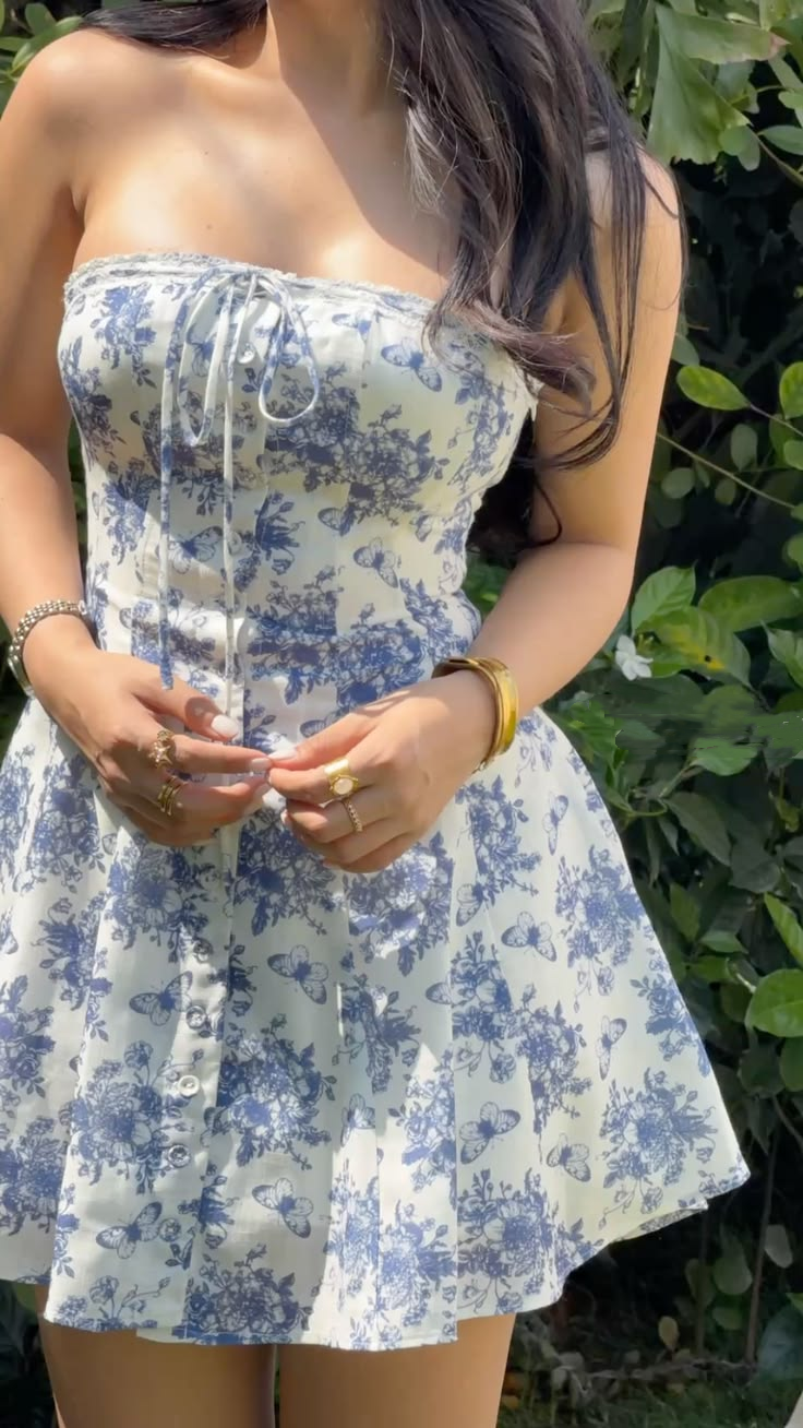 Cute Strapless Blue Satin Print Floral A Line Short Graduation Homecoming Dress,Short Prom Dress D3285