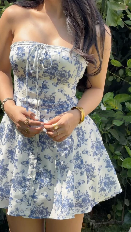 Cute Strapless Blue Satin Print Floral A Line Short Graduation Homecoming Dress,Short Prom Dress D3285
