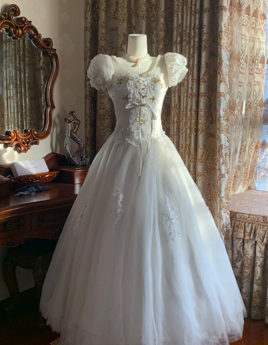 Classy White Ball Gown Tulle Lace Beaded  Long Wedding Dress Formal Bridal Dress D1719