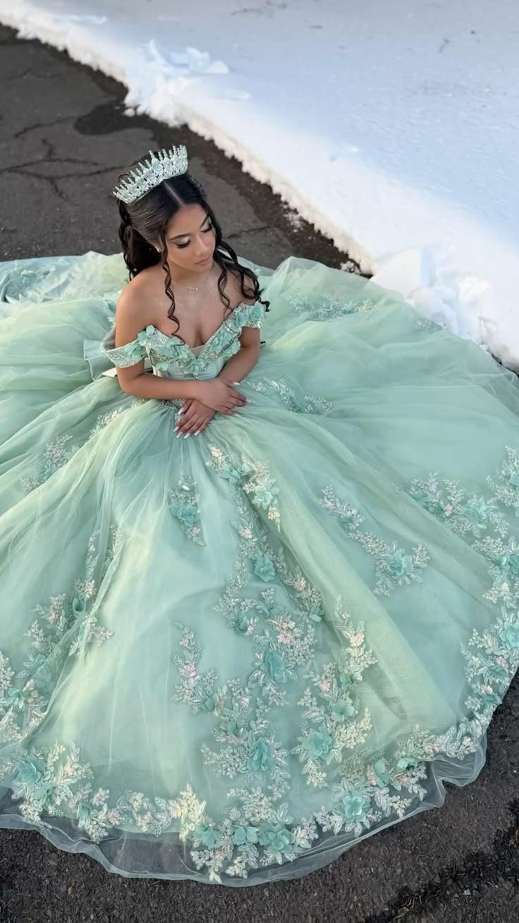 Fairy Green Off The Shoulder Tulle Appliques Quinceanera Dress Sweet 16 Dress D3818