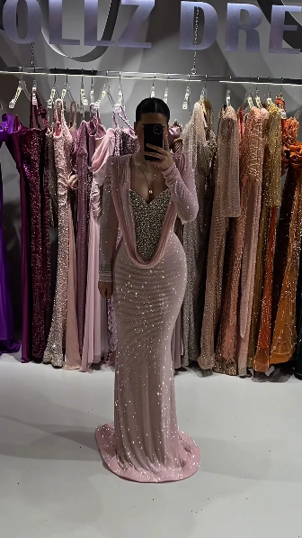 Sexy V Neck Pink Sequin Beaded Mermaid Long Party Dress Evening Dress D5246