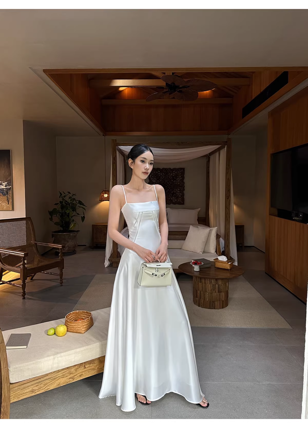 Classy Spaghetti Straps White Satin A Line Long Birthday Evening Dress Formal Wedding Guest Dress D2128