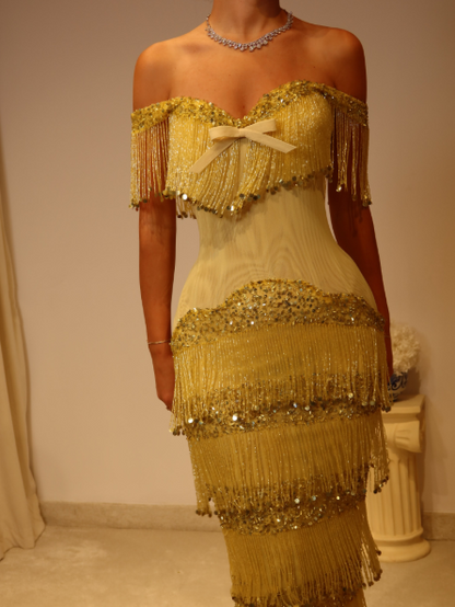 Gorgeous Off The Shoulder Satin Beaded Tassel Long Party Dress Yellow Long Birthday Evening Gowns D5242