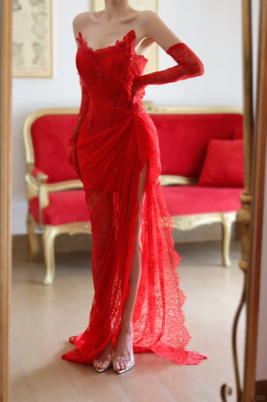 Charming Strapless Lace Pleated High Slit Mermaid Evening Dress,Red Party Dress With Gloves D2891