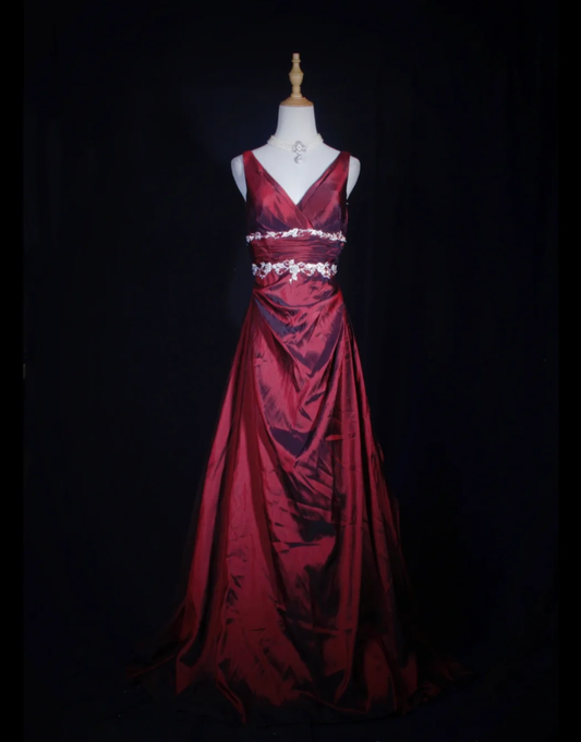 Vintage Burgundy V Neck Satin Appliques Mermaid Long Wedding Guest Dress Formal Evening Gowns D2273