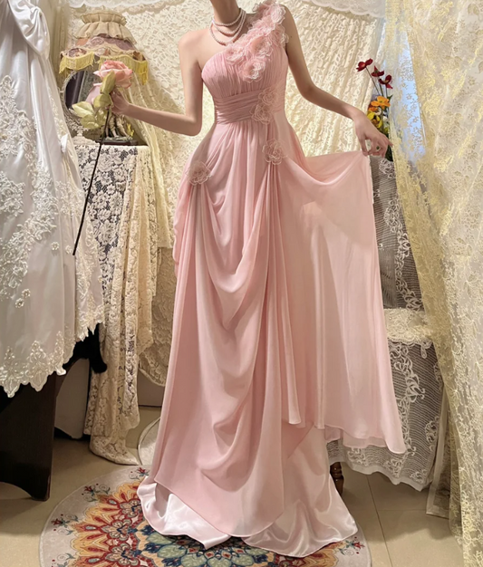 Classy Pink One Shoulder Chiffon Pleated Appliques Long Party Dress Prom Dress Formal Wedding Guest Dress D2114
