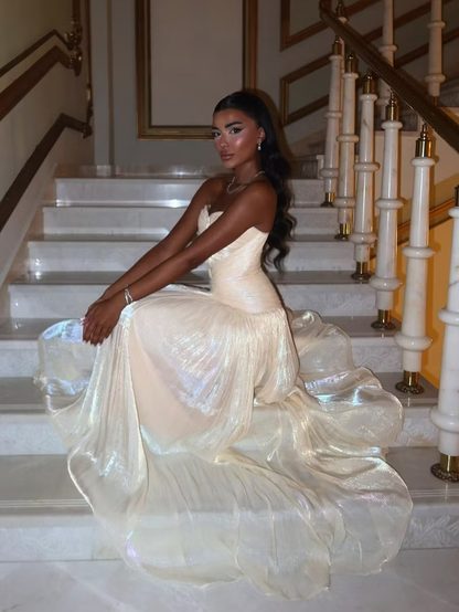 Shiny Ivory Sweetheart Neck Tulle Pleated A Line Long Party Dress Prom Gown D4789
