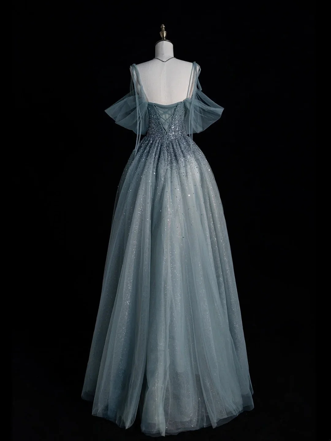 Charming Off The Shoulder Tulle Beaded A Line Long Birthday Prom Dress Blue Long Party Dress D4845