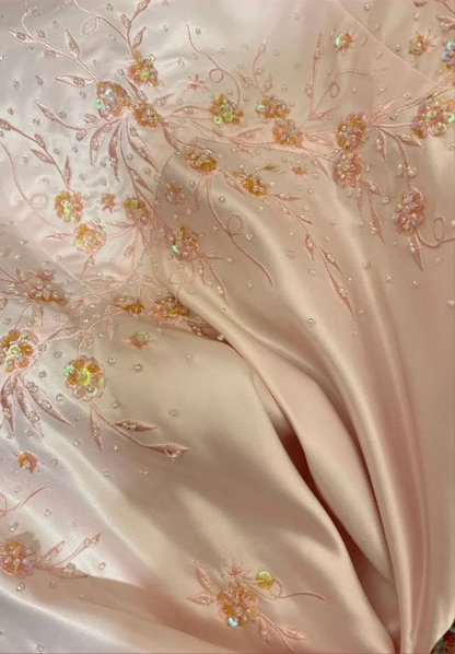 Classy Pink Strapless Satin Sequin Beaded Long Mermaid Evening Dress Party Gown D915