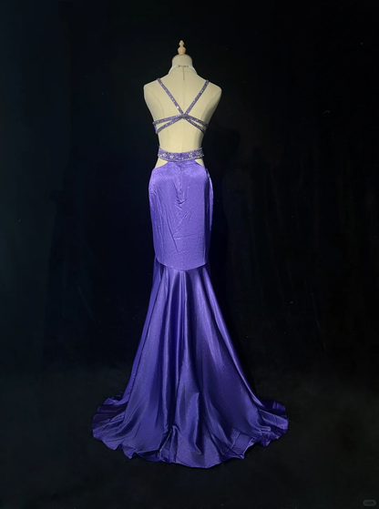 Sexy Purple Satin Sequin Beaded Mermaid Evening Dress,Spaghetti Straps Long Party Gown D2838