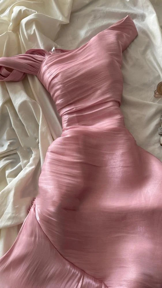 Pretty Sheath Pink Long Ruffles Prom Dresses Formal Evening Dress SD2388