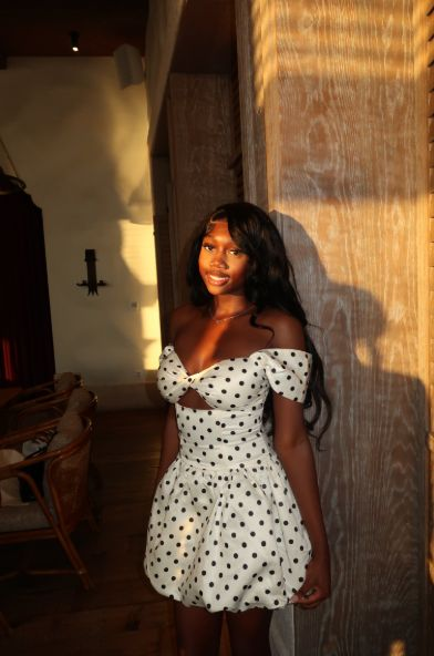 Popular Off The Shoulder Polka Dot Satin A Line Short Birthday Dress,Formal Graduation Homecoming Dress D3771