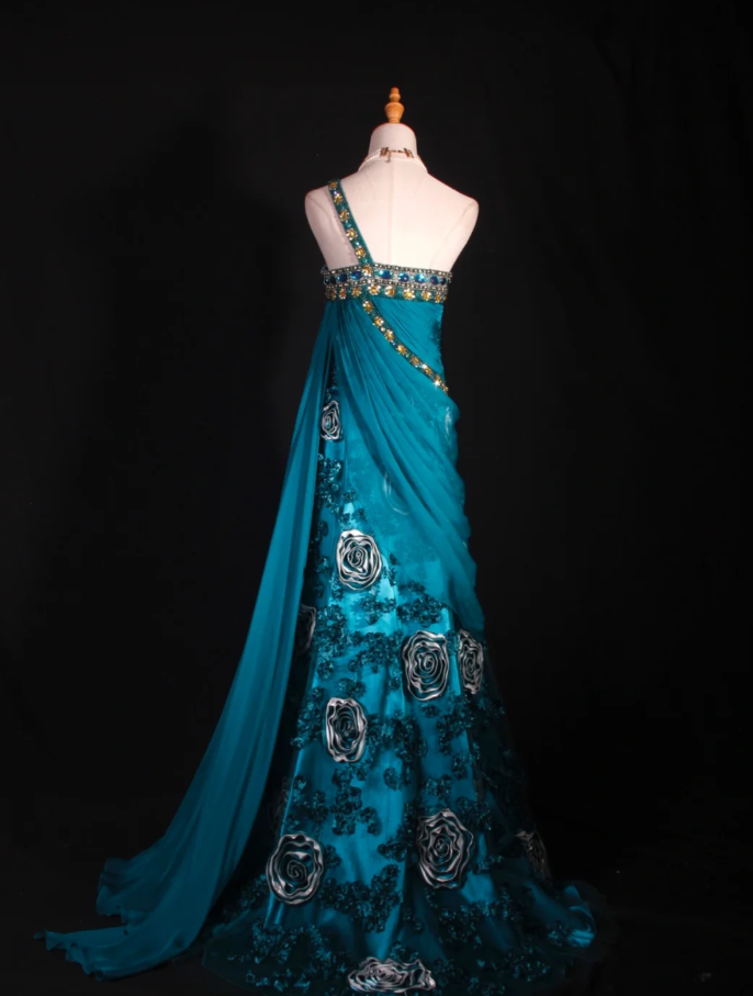 Vintage Blue One Shoulder Satin Beaded Mermaid Evening Dress Long Party Dress With Florals D2288