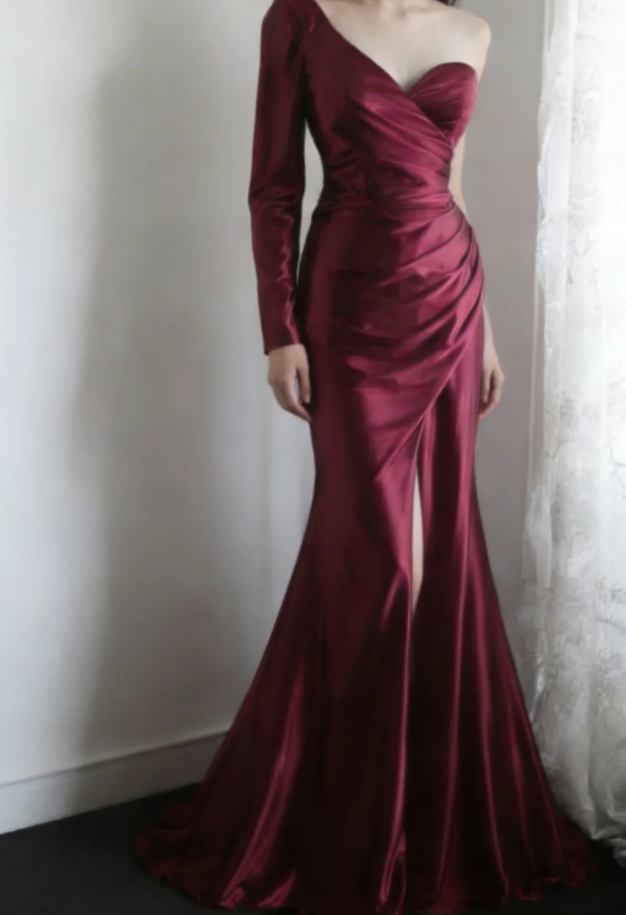 Vintage Burgundy One Shoulder Satin Pleated Long Wedding Guest Dress Formal Slit Party Dress D2325