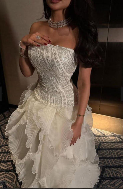 Elegant Strapless White Satin Beaded Tulle Pleated Long Party Dress Evening Dress D4586
