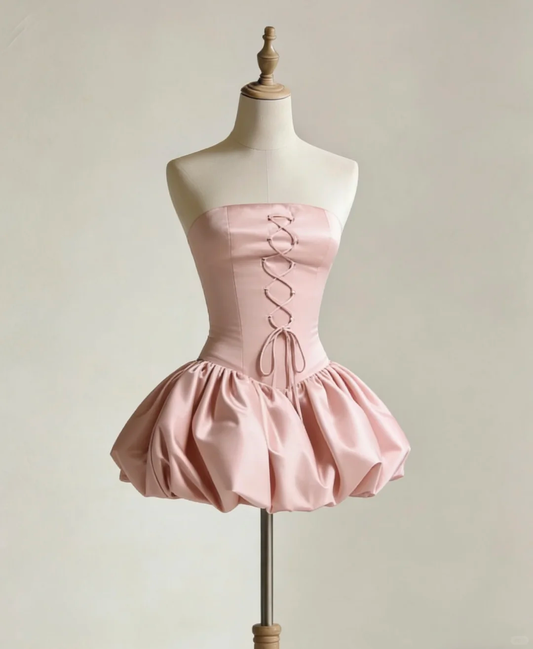 Fashion Strapless Satin A Line Short Birthday Dress,Pink Short Graduation Homecoming Dress D2805