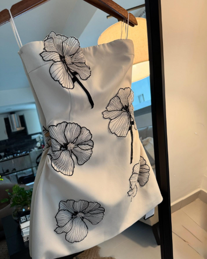 Pretty Strapless White Satin Lace Flowers Short Prom Dress Formal Birthday Outfits Homecoming Dress D337