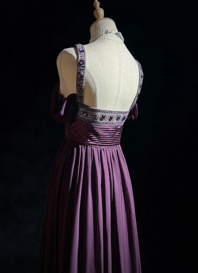 Stylish Spaghetti Straps Satin Beaded A Line Long Wedding Guest Dress,Purple Long Evening Dress Party Gown D2068