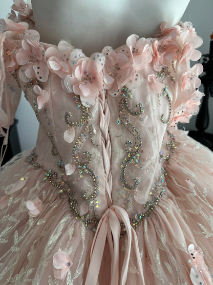 Cute Pink Off The Shoulder Tulle Sequin Floral Beaded Quinceanera Dress Sweet 15 16 Dress With Appliques D4718