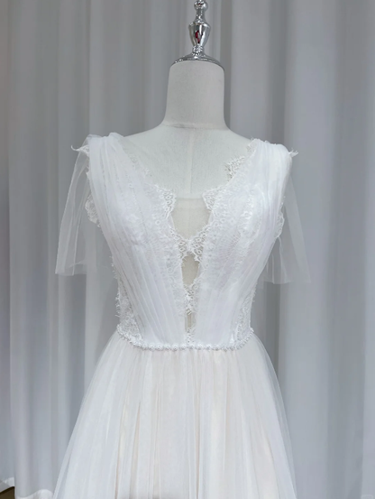 Pretty White V Neck Tulle Lace Long Wedding Dress Formal Bridal Dress D2466