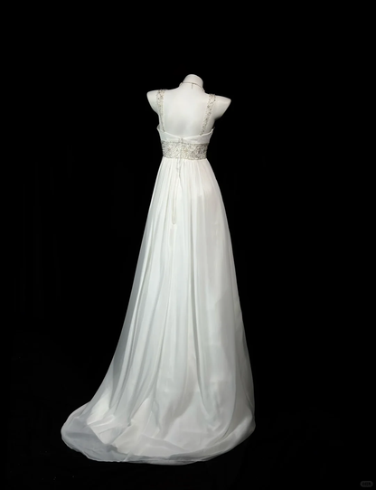 Pretty Spaghetti Straps White Chiffon Beaded A Line Long Evening Dress Birthday Prom Dress D2512