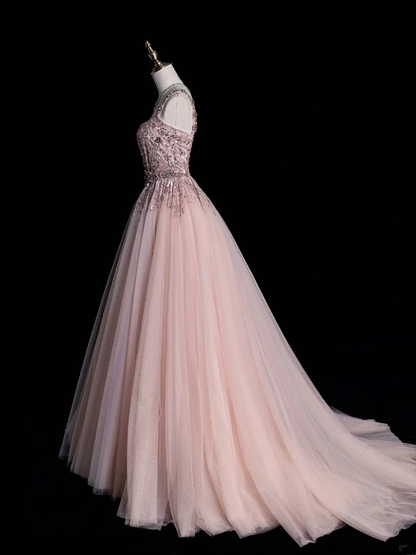 Pretty Square Neck Pink Tulle Sequin Beaded Long Party Dresses For Teens Evening Dress D4842
