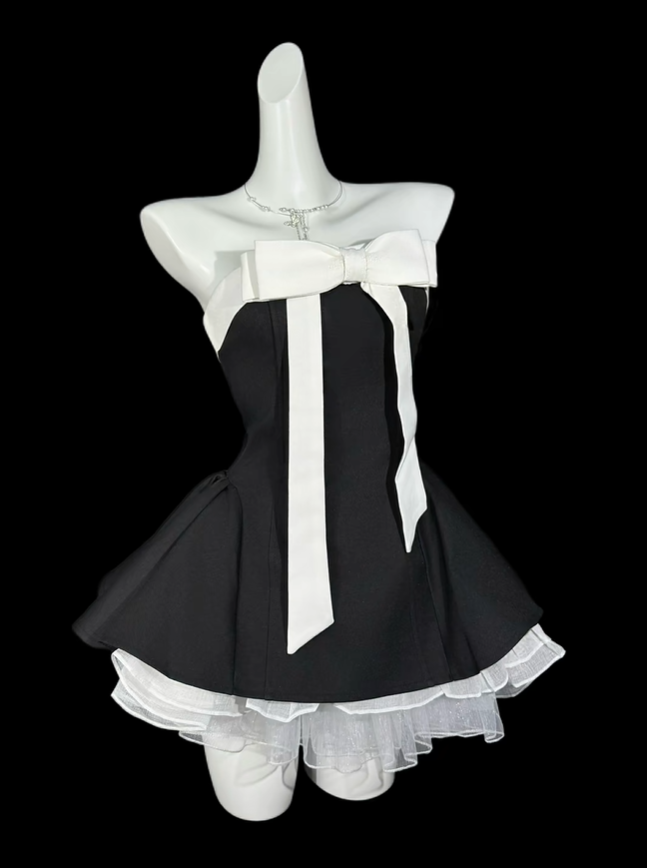 Stylish Black Strapless Bow Satin A Line Short Graduation Homecoming Dress,Short Birthday Party Dress D4176