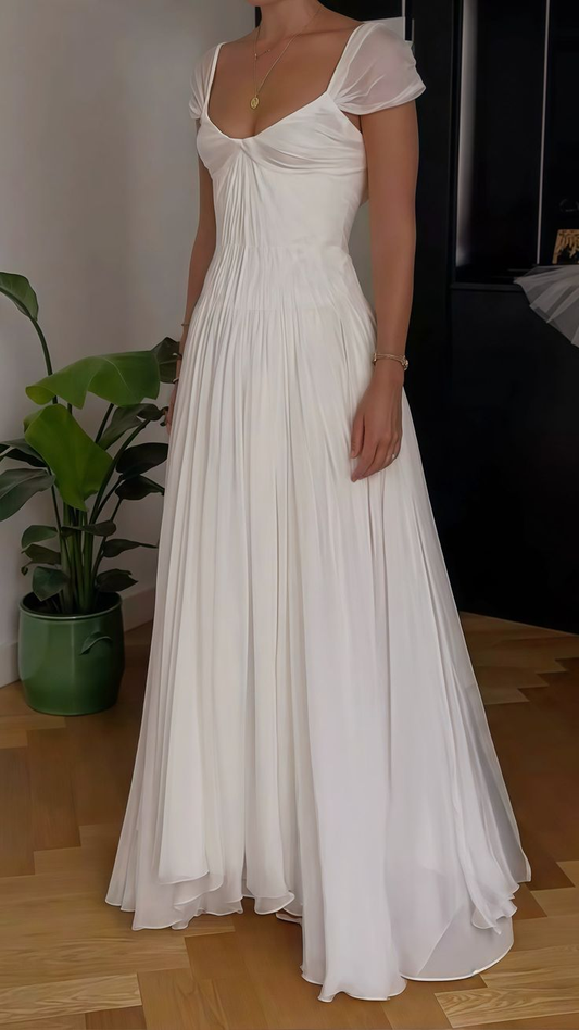 Classy V Neck White Chiffon Long Wedding Dress Bridal Dress D1922