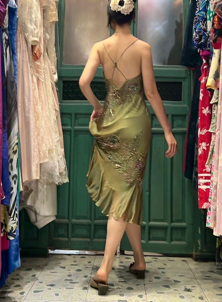 Vintage Spaghetti Straps Olive Green Satin Chiffon Beaded Mermaid Long Party Dress Backless Prom Gown D3479