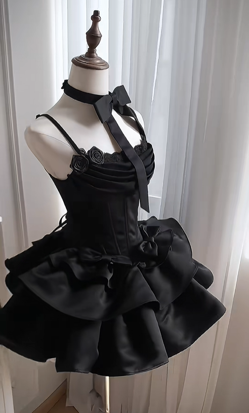 Elegant Black Spaghetti Straps Layered Short Birthday Party Dress 8th Grade Homecoming Dress S652