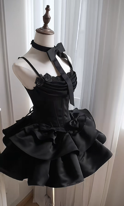 Elegant Black Spaghetti Straps Layered Short Birthday Party Dress 8th Grade Homecoming Dress S652