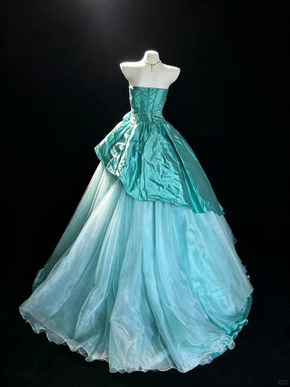 Sweet Turquoise Strapless Satin Tulle Floral Quinceanera Dress Sweet 15 16 Dress D5239