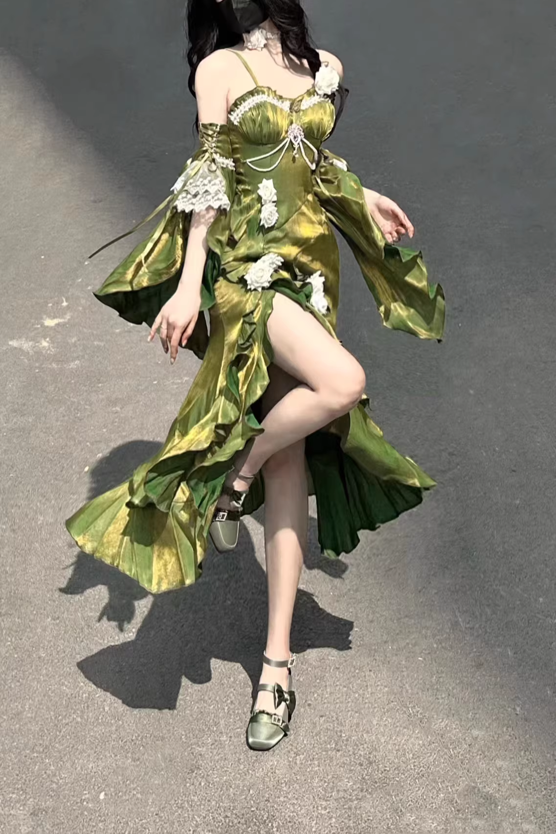 Retro Mermaid Spaghetti Straps High Low Long Party Dress Green Prom Dresses SD2412
