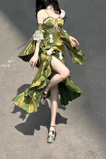 Retro Mermaid Spaghetti Straps High Low Long Party Dress Green Prom Dresses SD2412