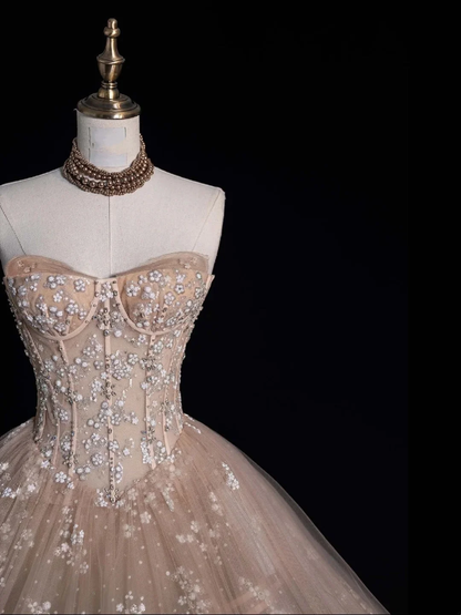 Ball Gown Strapless Champagne Sleeveless With Applique Tulle Long Quinceanera Dresses Sweet 15 16  Dress D4263