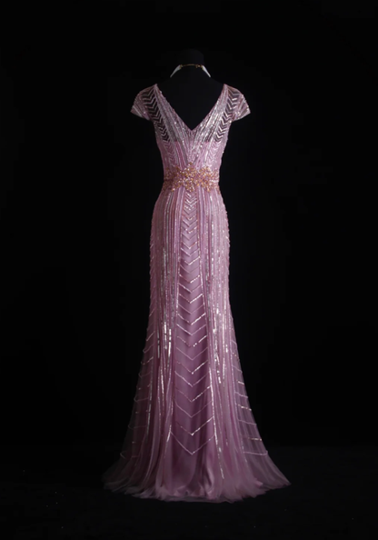 Gorgeous Pink V Neck Tulle Sequin Beaded Mermaid Evening Dress Prom Gown D1157